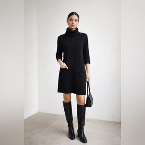 Perse Wool Turtleneck Knit Midi Dress Black Color Size M old Money Stretch